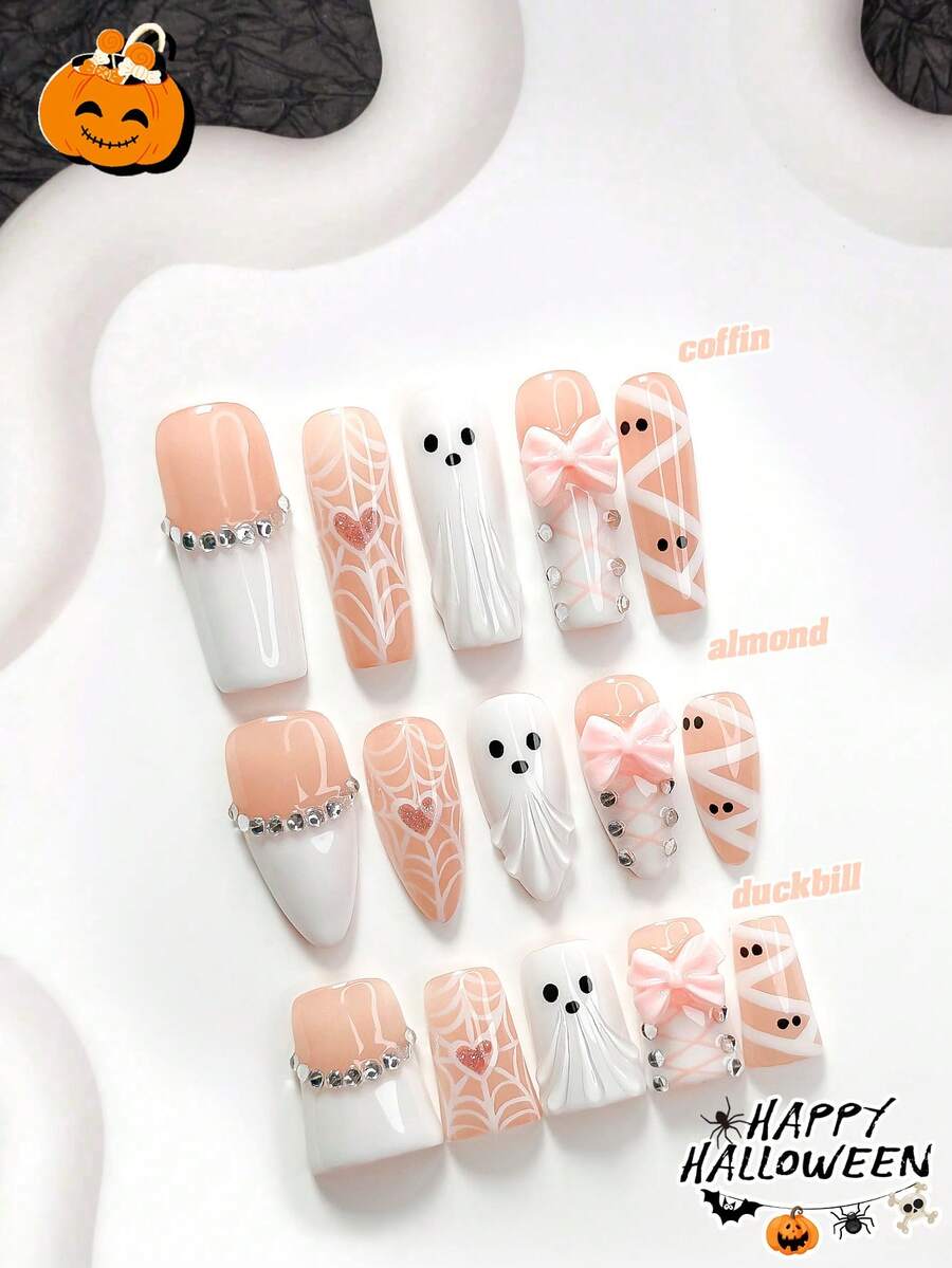 10片裝萬聖節主題甜美哥德風手工穿戴甲,Polygel美甲套組,蜘蛛網、蝴蝶結、幽靈、愛心圖案,粉色與白色,可愛風格,含美甲工具,3種尺寸可選,杏仁/鴨嘴/棺材形,適合派對、舞會、日常配戴 - 彩色 - 查看 1
