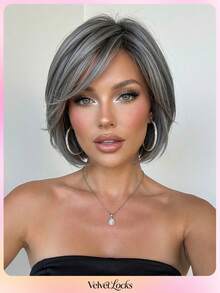 [Velvet Locks] Soft Heat-Resistant Layered Straight Side Part Bob Gray Highlights 12-Inch Synthetic Wig For Women For Elegant Daily Party - 挑染灰色 - 查看 11