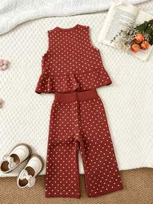 WUHUANG YIYI 2pcs/Set Girls Cute Round Neck Solid Color Polka Dot Pattern Pocket Decor Ruffle Hem Tank Top And Pants Set Loose Fit Casual Daily Outing Autumn - Red - View 2