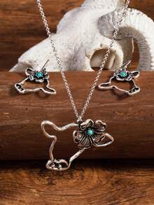 Juego de 3 piezas de collar con colgante de cabeza de toro decorado con turquesa sintética azul vintage & pendientes, joyería vintage adecuada para mujeres - Conjunto de joyas con cabeza de toro y flores - Ver 2