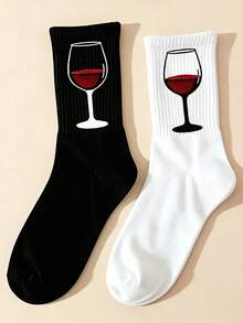 2 Pairs Black & White Wine Glass Print Mid-Calf Socks, Minimalist Fun Wine Glass Pattern Long Socks, Daily Commute Outfit, Couple Personalized Creative Birthday Gift, All Season Socks - Multicolor - View 8