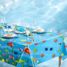 1/3PCS Bright Blue Underwater World Tablecloth With Tropical Fish, Rectangular Disposable Plastic Table Cover,Seaweed And Bubble Pattern, Suitable For Ocean Theme Celebration, Beach Party, Aquarium Gathering, Seafood Buffet Table Setting Supplies - Underwater World - View 6