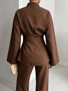 Cardigan Kemeja Lengan Panjang Wanita Warna Cokelat, Kasual, Serbaguna, Cocok untuk Musim Semi/Gugur, Desain Kancing Tradisional, Sesuai untuk Acara Santai dan Jalan-jalan. - Coklat - View 7
