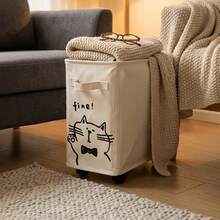 1pc Cartoon Cat Print Fabric Storage Box With Wheels, Foldable Large Capacity Storage Basket With Handle, Desktop Books And Miscellaneous Items Organizer, Suitable For Home, Office, Dorm - Multicolor - View 5