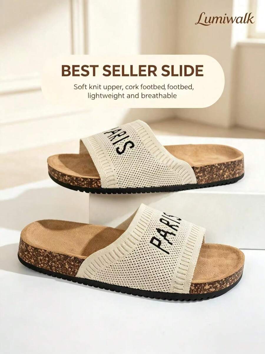 Lumiwalk Women's Soft Cork Thick Sole Beige Knit Upper Paris Letter Design Soft Breathable Comfortable Shoes
