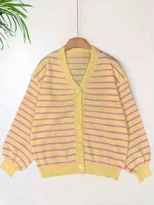 Women's Plus Size Striped Dropped Shoulder V-Neck Cardigan, Long Sleeve Ribbed Knit Button Front Sweater, Autumn/Winter Casual Preppy Style - Yellow - View 5