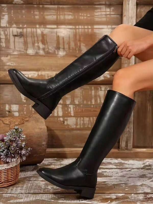 Women's Flat V-Cut Elastic High Boots, Autumn/Winter New Square Toe Thin Heel Soft Material High Heel Boots, Women's Square Toe Elastic High Boots Slimming, V-Cut Flat Soft High Boots, Suitable For Autumn/Winter Wear, Suitable For Daily Commute