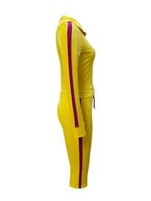 LovelyWholesale Women's Y2K Polo Collar Velvet Tracksuit, Side Stripe Zipper Jacket And Capri Pants 2 Pieces Set, Autumn/Winter - Yellow - View 5
