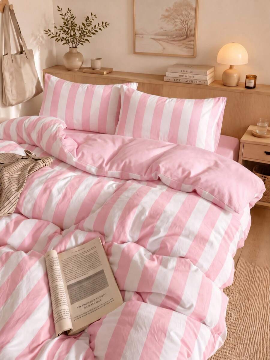 2/3件組粉色與白色條紋印花被套床上用品套裝,柔軟舒適面料,透氣耐用抗皺,適合送給父母與朋友的禮物,包含1件被套、1/2件枕套,返校宿舍床上用品套裝 - 粉色 - 查看 1