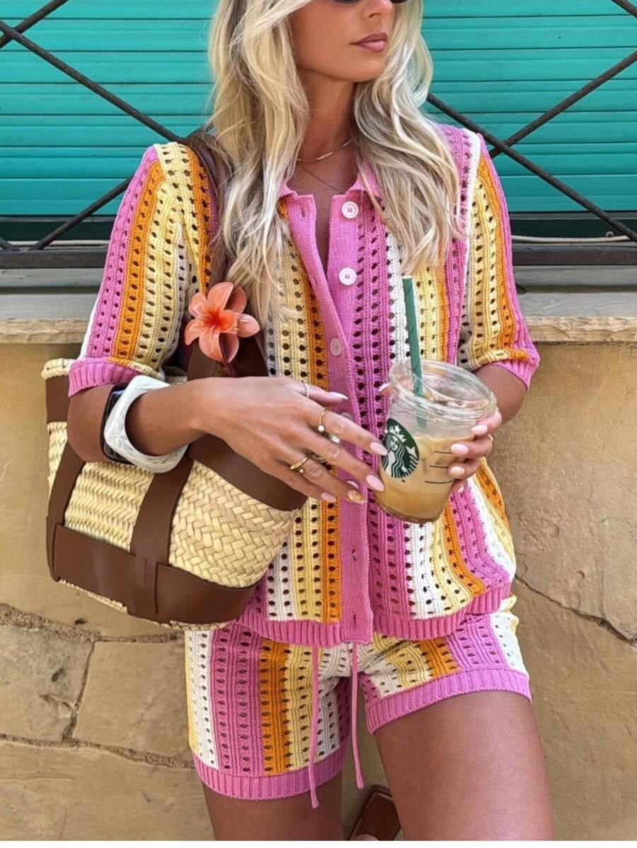 Setelan Sweater Wanita Model Baru Rajut Elastis dengan Desain Berongga, 2 Potong - MultiWarna - View 1