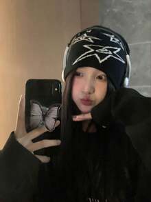 1 mũ len beanie nữ màu đen họa tiết sao, chất dệt kim co giãn cao cấp - A - Xem 3