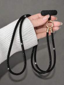 1 Set Luxury Rhinestone Phone Lanyard Anti-Loss Rope, Women's Fashion Full Rhinestone Necklace Chain, High-End Anti-Drop Phone Case Crossbody Chain, Sparkling Rhinestone Pendant, Solid Color Minimalist Lipstick Storage Bag, Portable Lip Balm Bag, Cute Mini Heart-Shaped Makeup Mirror Keychain Pendant For Girls - Black Long Strap Crossbody Bag + Lip Balm Makeup Mirror - View 5
