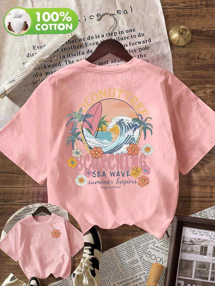 Women's Casual Retro "Scorching Wave" Round Neck Short Sleeve T-Shirt, Suitable For Spring, Summer And Autumn Pink - Pink - View 1