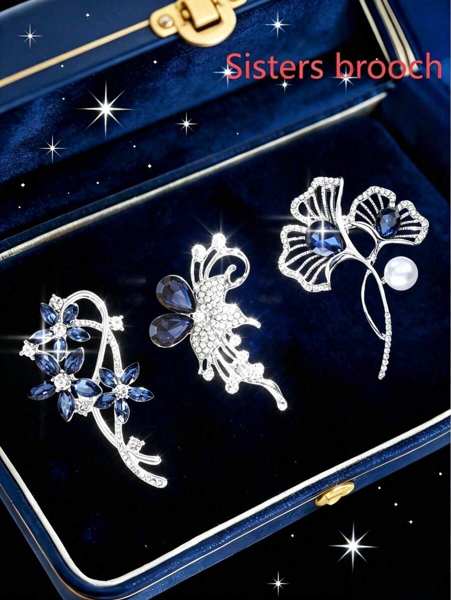 3件裝時尚耐用水晶胸針,優雅水鑽花卉設計,派對西裝洋裝胸針,節日禮物(不含禮盒) - 藍色 - 查看 1