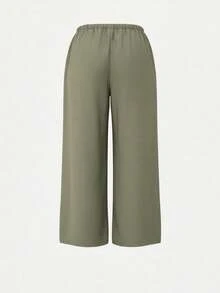 Women's 7/8 Length Wide Leg Pants, Summer New Elastic Waist Drawstring Breathable Slouchy Loose Casual Pants, Suitable For Daily Wear - Army Green - View 4