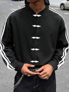 HOMIIE Black Frog Button Men's Shirt, Stand Collar Long Sleeve Side White Stripe Loose Short Casual Shirt, Back To School - Black - View 1