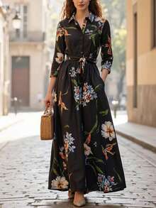 Floral Print Vintage Elegant Woven Fabric Belted Dress For Evening Date Holiday School Vacation Daily Garden Spring Autumn Winter - Black - View 7