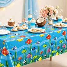 1/3PCS Bright Blue Underwater World Tablecloth With Tropical Fish, Rectangular Disposable Plastic Table Cover,Seaweed And Bubble Pattern, Suitable For Ocean Theme Celebration, Beach Party, Aquarium Gathering, Seafood Buffet Table Setting Supplies - Underwater World - View 3