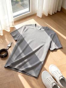 Men's Waffle Knit Solid Color Crew Neck Short Sleeve T-Shirt, Loose Fit Casual Everyday Basic Top - Light Grey - View 6