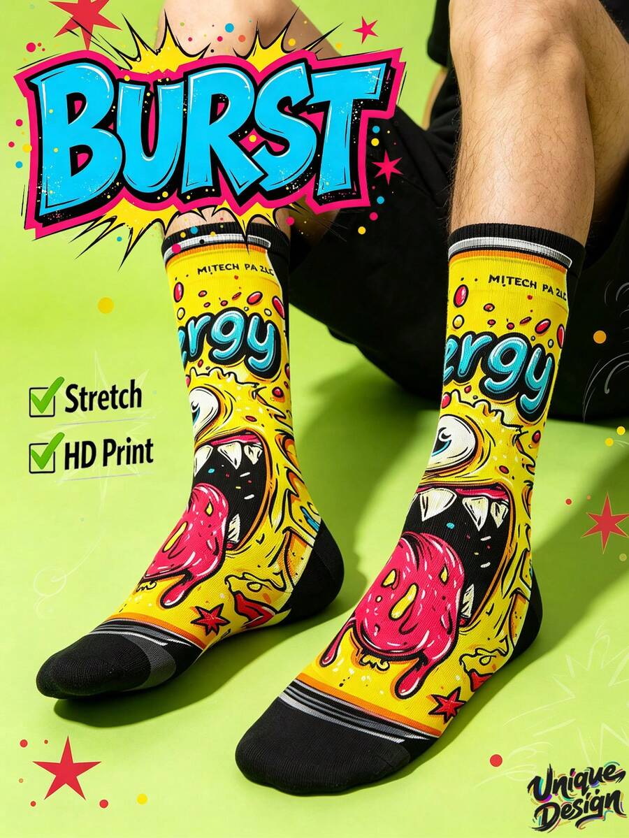 Cool 360° Printed Men's Socks - Street Style Socks, Graffiti Monster, Hip Hop Big Mouth Monster, Colorful, Fun Socks, Suitable For Daily, Holiday And Party Occasions