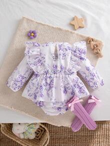 Autumn/Winter Baby Girl Purple Rose Floral Long Sleeve Bodysuit & Ruffle Flutter Sleeve Big Bow Baby Girl 100 Days Celebration Romper With Bow Long Leg Warmers Set - Mauve Purple - View 10