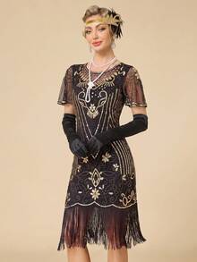 女款 1920 年代復古亮片短袖網紗流蘇下擺晚禮服 - 金色 - 查看 5