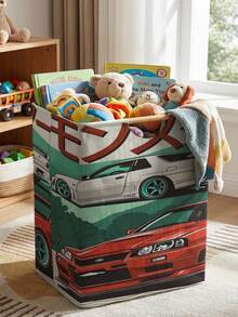 1PC Storage Basket, Laundry Hamper, Laundry Basket, Storage Bucket With Car Print Design, Foldable Multi-Purpose Storage Bin With Wooden Handle For Daily Clothes Storage & Organization - Multicolor - View 7