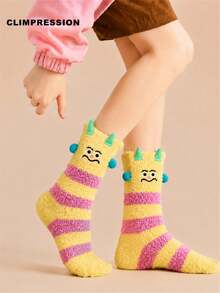 CLIMPRESSION Women's Cute 3D Floppy Ear Plush Mid-Calf Socks, Soft Coral Fleece Striped Home Socks, Warm Cartoon Winter Sleep Socks - Pink - View 2