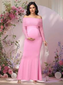 JustVH Pregnant Women's Ruched Mesh Open Shoulder Dress, Elegant Fitted Party Gown With Mermaid Hem Fall Pink - Pink - View 3