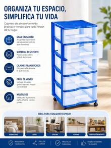 5-Tier Blue Plastic Storage Drawer Unit With Wheels Multipurpose Organizer With Transparent Drawers 83x37x39.5 Cm - 藍色 - 查看 6