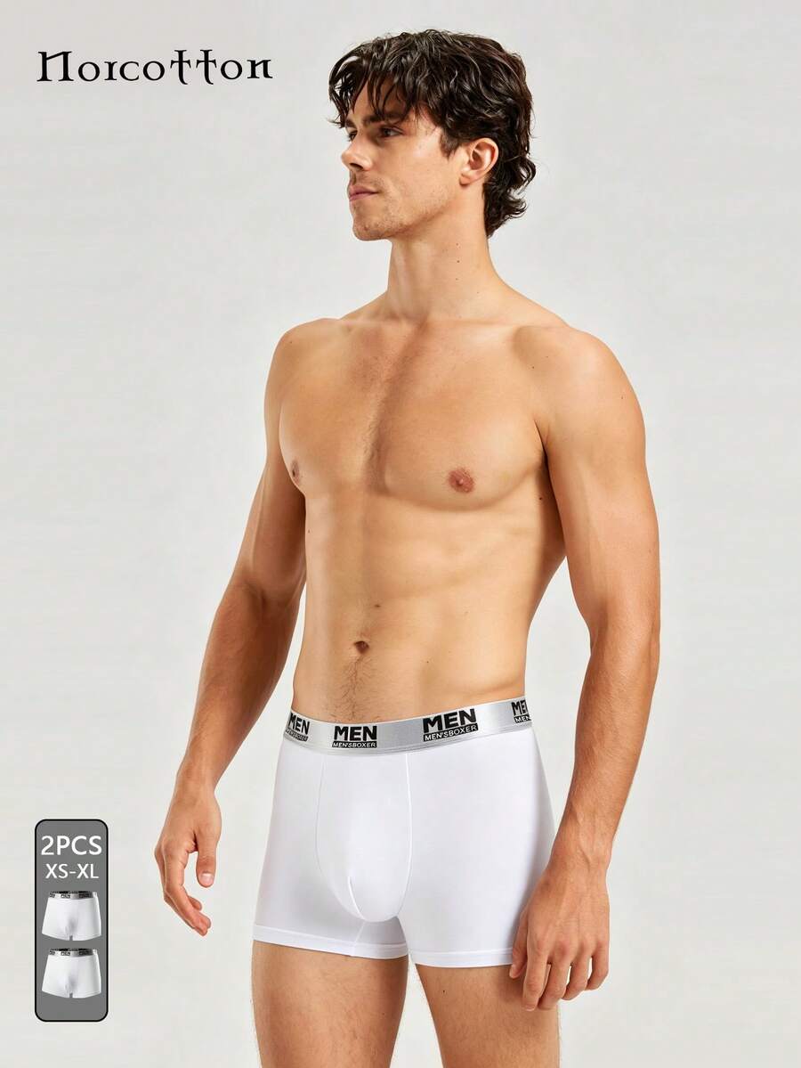 Norcotton 2pcs Men's Boxer Briefs, Letter Waistband, Milk Silk Breathable Comfortable Shorts - White - View 1
