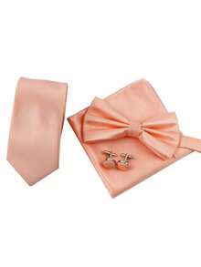 ZLQ&GOU 4 PCS Lotus Pink Solid Color Tie Set, Includes Necktie, Pocket Square, Bow Tie, Cufflinks, Suitable For Wedding Party Events Neck Accessories - Coral Pink - View 7