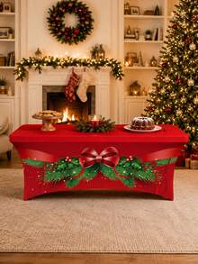 1pc Christmas Elastic Fitted Tablecloth, Polyester Spandex Full Coverage Stretch Table Cover, Holly Wreath And Red Bow Print, Rectangular Wrinkle-Resistant Buffet Tablecloth, Suitable For Parties, Banquets And Home Decor - Multicolor - View 5