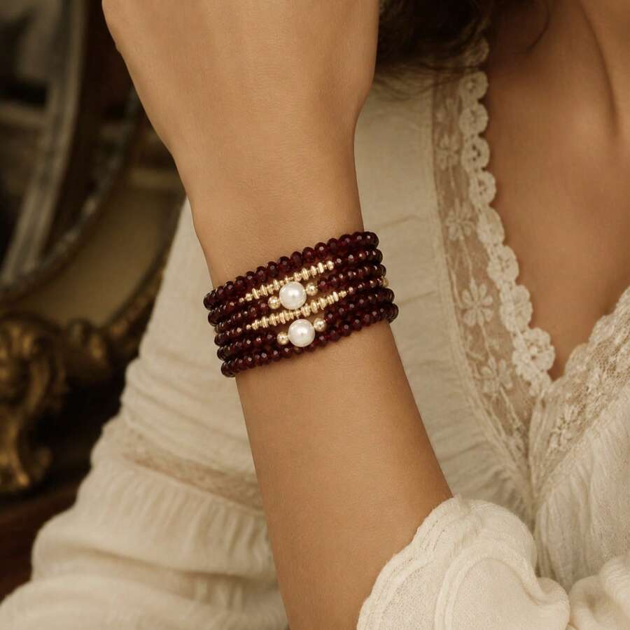 6pcs Minimalist Elegant Luxury Versatile Burgundy Asymmetrical Beaded CCB Crushed Stone Faux Pearl Multi-Element Bracelet Set Suitable For Women's Daily Casual Outings, Banquets, Music Festivals, Events, Mother's Day Gift - Burgundy - View 1