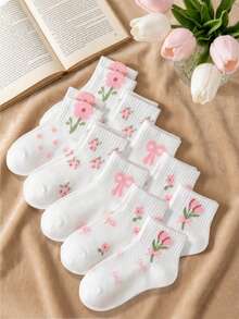 10双女童甜美可爱碎花、波点、蝴蝶结设计简约短袜，纯白色，超薄透气，圣诞礼物，休闲时尚ins风舒适白袜，颜色随机，适合所有季节，春夏秋冬 - 彩色 - 查看 6