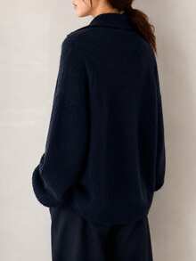 Women's Winter Casual Minimalist Loose Fit Turn-Down Collar Knit Cardigan Sweater Jacket Fall - Navy Blue - View 2