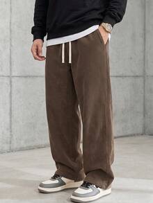 Men's Spring/Autumn Elastic Waist Corduroy Long Pants, Drawstring Vintage Straight Leg Casual Sports Pants - Rust Brown - View 4
