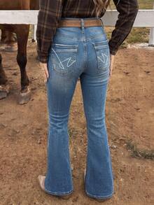 Celana Jeans Wanita Model Flare Stretch dengan Bordir Seksi, Celana Denim Kasual Vintage dengan Tampilan Usang, Pakaian Musim Gugur/Dingin - Medium Wash - View 6
