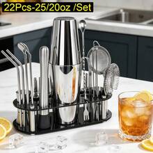 KCJLHGT 2件/16件/22件調酒器套組，750ml(25oz)，750/600ml(25/20oz)波士頓調酒器，不鏽鋼吧台工具組，附黑色壓克力底座，包含調酒配方，適用於調酒、居家、酒吧、派對 - 銀色 - 查看 3