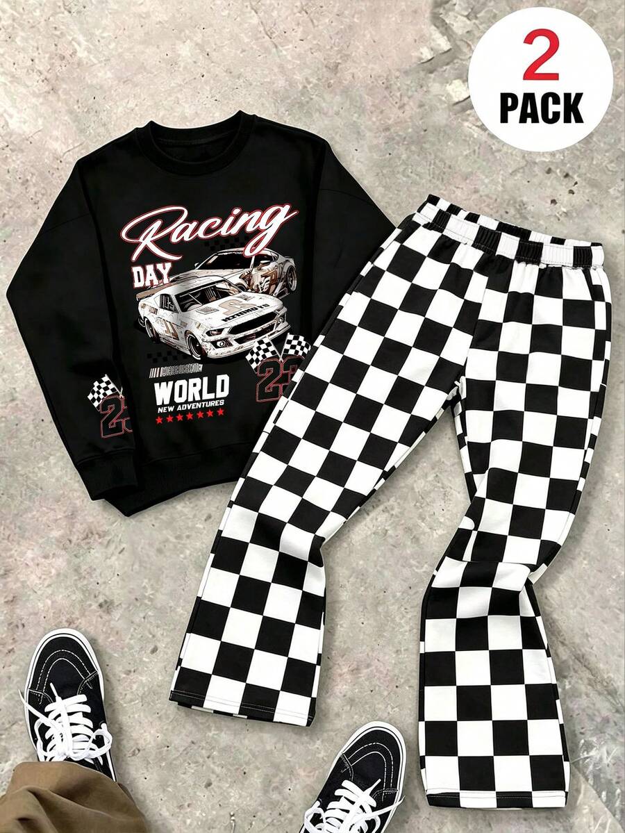 Teenager Jungen Rennsport Cooles Grafik-Muster Rundhals Sweatshirt mit Schwarz-Weiß Karomuster Allover-Muster Weite Beinhose 2-teiliges Set, Herbst/Winter Outfit, Campus Stil, Homecoming Kleidung - Schwarz - Übersicht 1