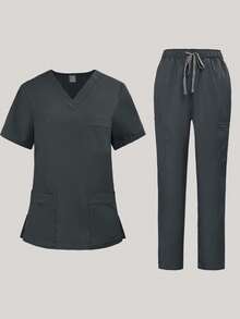 Men's Scrub Set, Breathable Lab Coat, Pet Grooming Salon Uniform, With Multiple Pockets - Grey - View 2