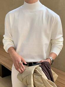 Men's Solid Color Knit Base Layer T-Shirt Sweater, Suitable For Office And Daily Wear Layering Piece - White - View 3