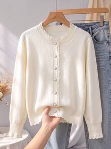 BYGOUBY Jaket Sweater Lembut Lengan Panjang Bertepi Bergelombang dengan Hiasan Renda untuk Wanita Musim Gugur/Dingin - Aprikot - View 7