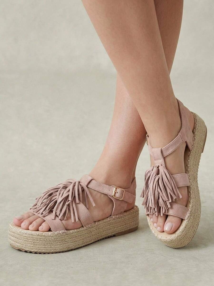 Styleloop Sandalias de plataforma con flecos y cuerda de cáñamo para mujer - Rosa - Ver 1
