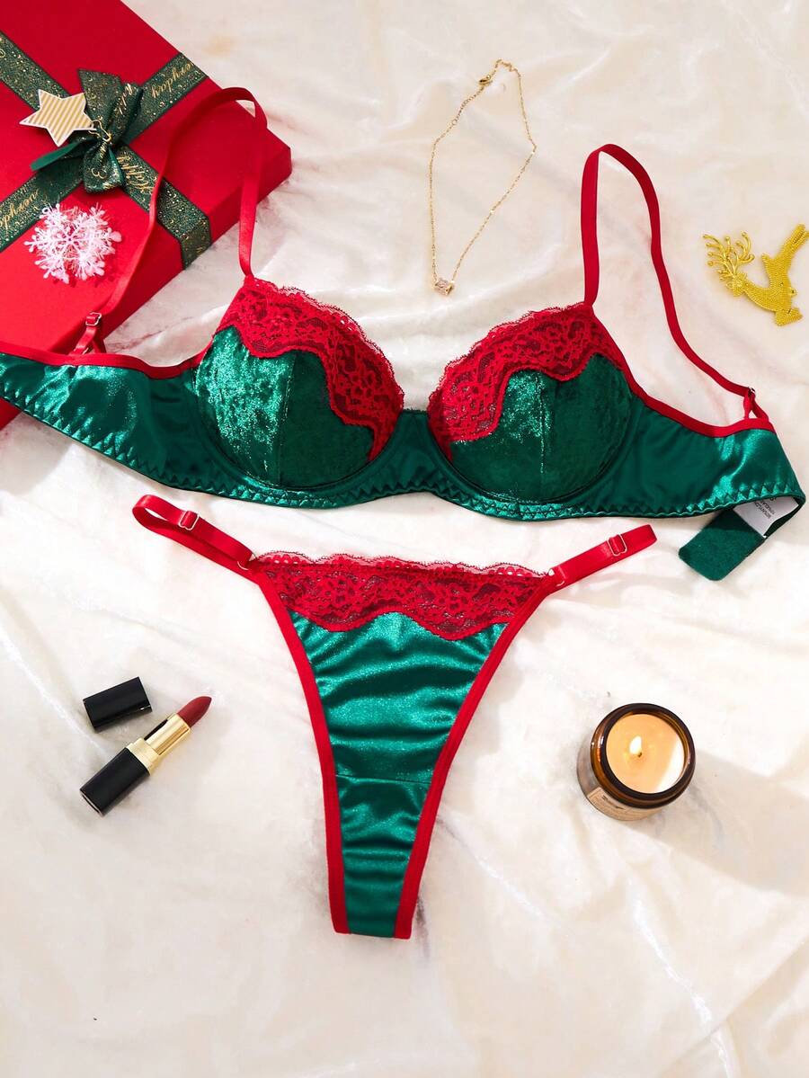 1 Set Of 2 Pieces Women's Green And Red Color Block Lace Flower Valentine's Day Underwear Set, Double Layer Comfortable Strapless Sleepwear And Thong - Green - View 1