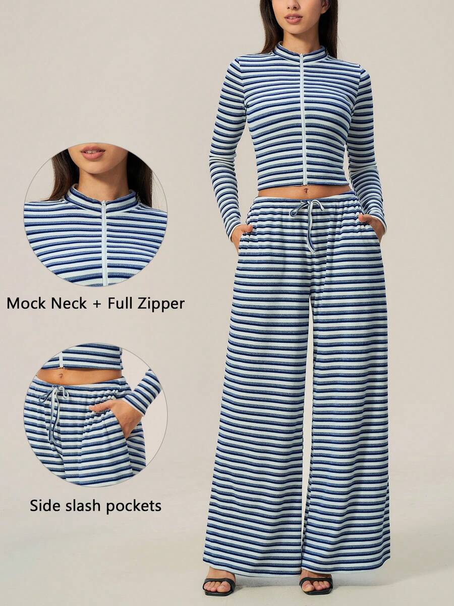 TimeOff Women's One Set Autumn/Winter Color-Block Striped Zip-Up Jacket With Side Pockets And Drawstring Waist Wide-Leg Pants - Royal Blue - View 1