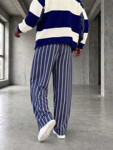 GRDR Men's Summer Striped Loose Drapey Casual Drawstring Elastic Waist Wide Leg Long Pants - Navy Blue - View 4