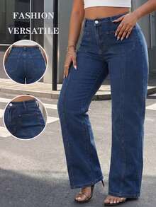 Women's Plus Size Dark Wash Non-Stretch Denim Wide Leg Pants, With Original Wash Details And Front Pockets, Long Length Casual Fall - Blue - View 10