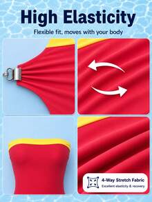 HOTTIE HABIT Women Strapless Bandeau Color Block One Piece Swimsuit, Red & Yellow Contrast High Cut Bathing Suit, Slim Fit Bodycon Swimwear For Beach Vacation Pool - Multicolor - View 8