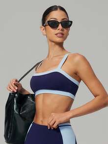 Sodalemon Bra Olahraga Wanita, Desain Blok Warna, Bantalan yang Dapat Dilepas, Atasan Tank Pendek Elastis Lembut, Tali Bahu Lurus, Pakaian Olahraga Yoga - Navy Blue - View 7